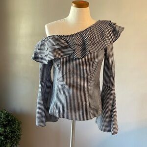 SCRIPTED BLOUSE, CHECKERED PATTERN ONE OFF SHOULDER RUFFLED SIZE LARGE 1644